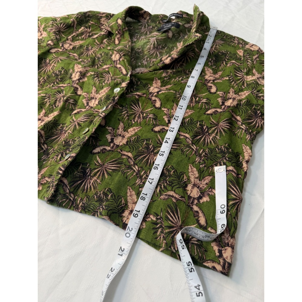 Tahari 100% Linen Green Botanical Print Top Women M Cropped Boxy Button Front - Picture 7 of 8